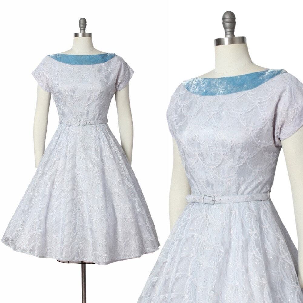 Vintage 1950s Party Dress 50s Metallic Blue Lace Prom Bridesmaid Gown